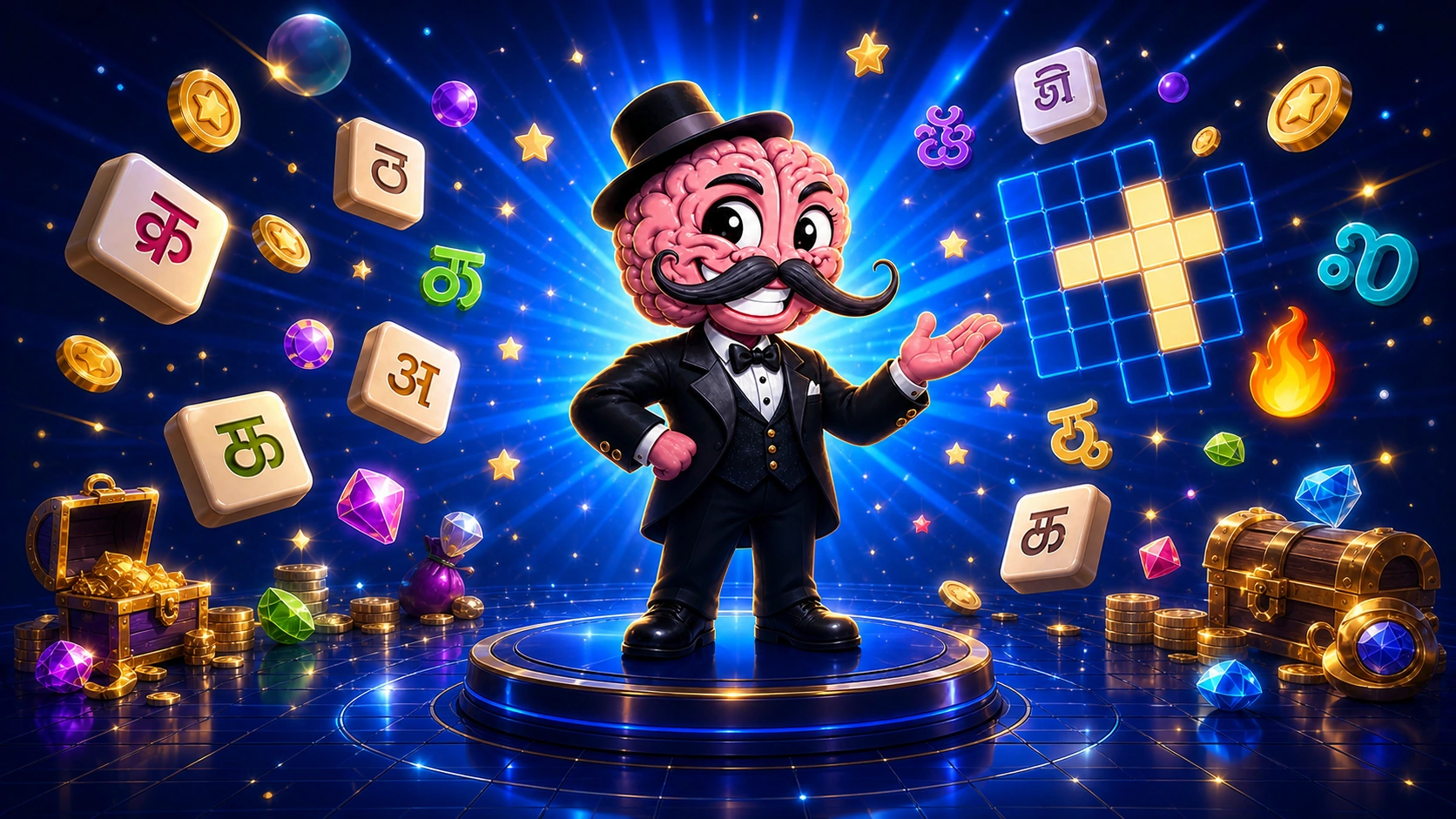 Brain Booster's top-hatted brain mascot surrounded by crossword tiles, multilingual letters, coins and gems