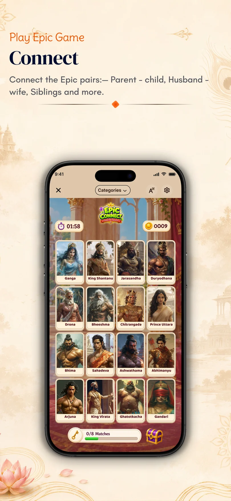 Connect game: link epic pairs such as parent and child, husband and wife, and siblings