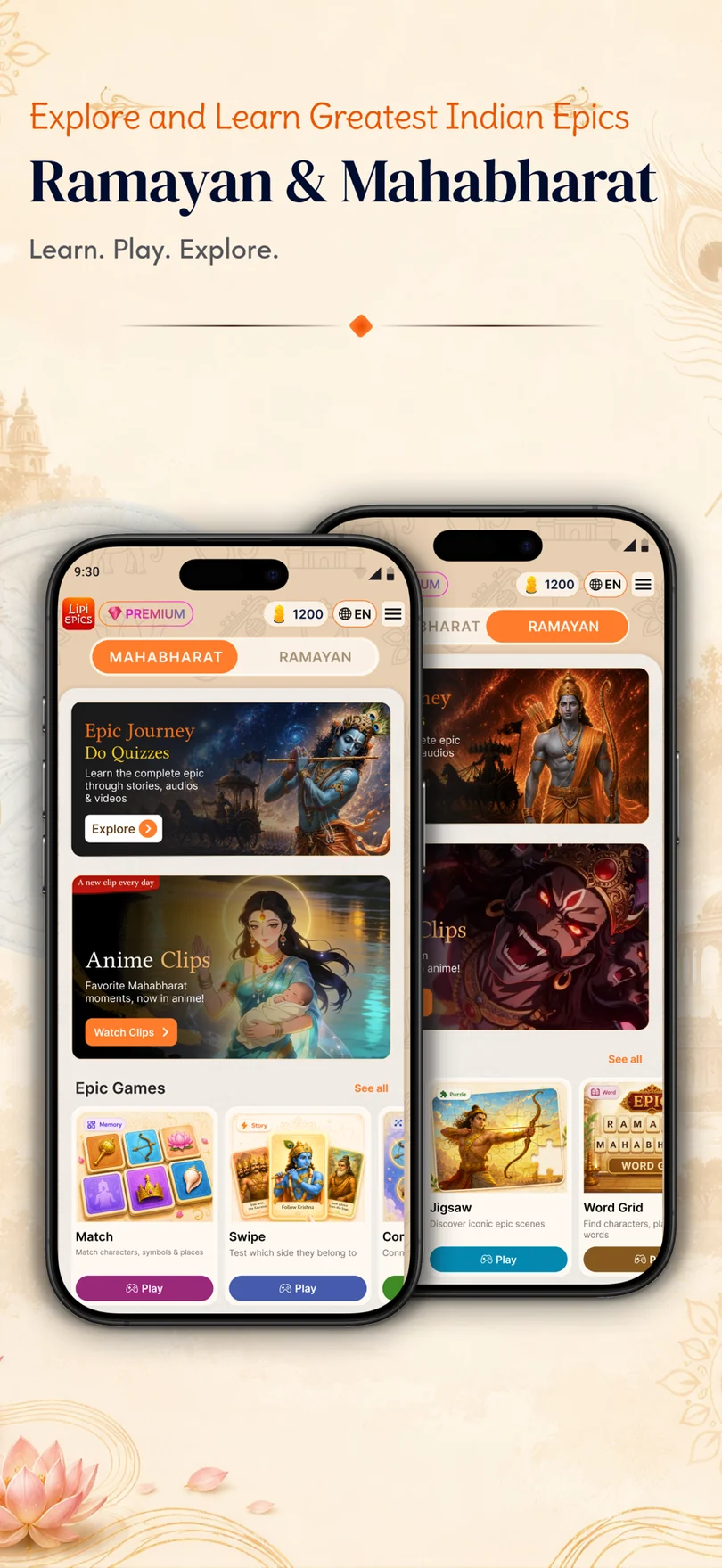 Lipi Epics 2.0 home screen for the Ramayan and Mahabharat: learn, play, explore