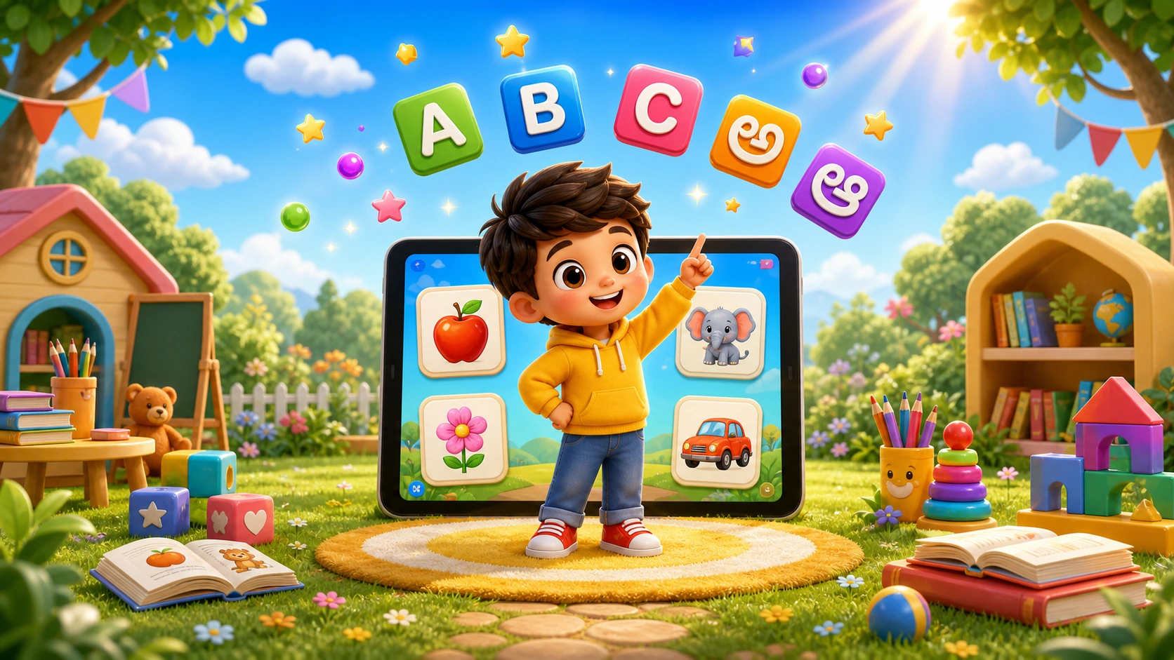 Cheerful child using a tablet with alphabet blocks and picture matching cards