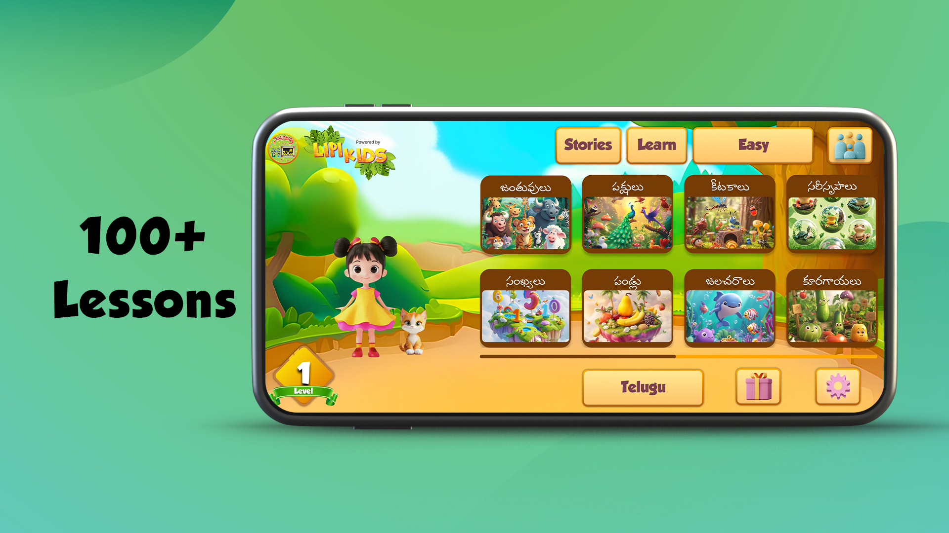 Home screen with 100+ lessons across categories in Telugu
