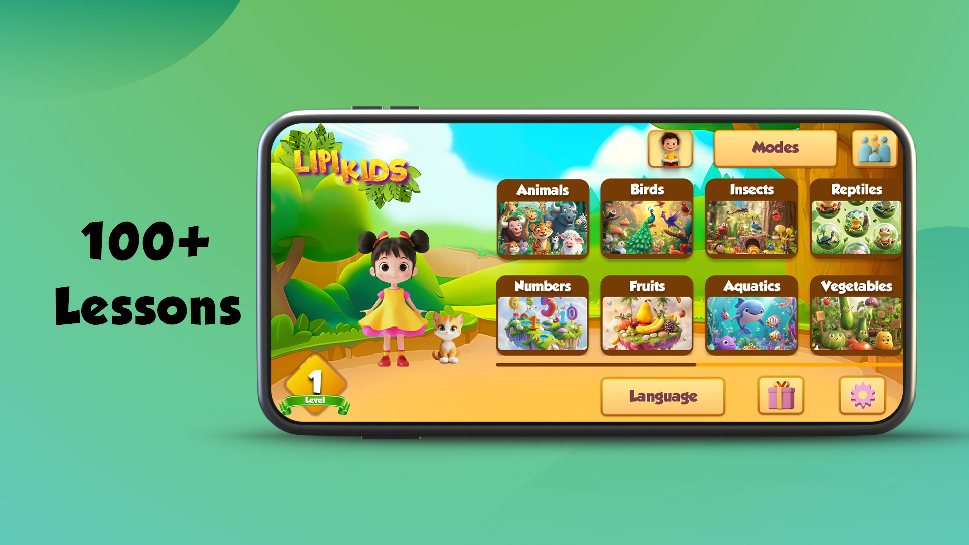 Home screen with 100+ lessons across categories in English