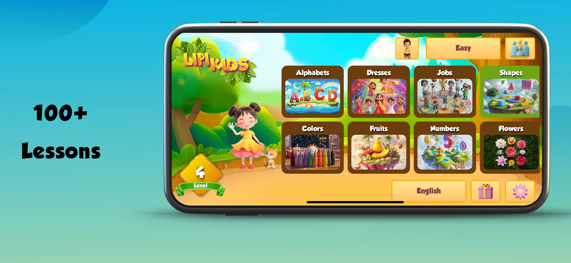 Home screen with 100+ lessons across categories such as Alphabets, Colors, Fruits and Numbers
