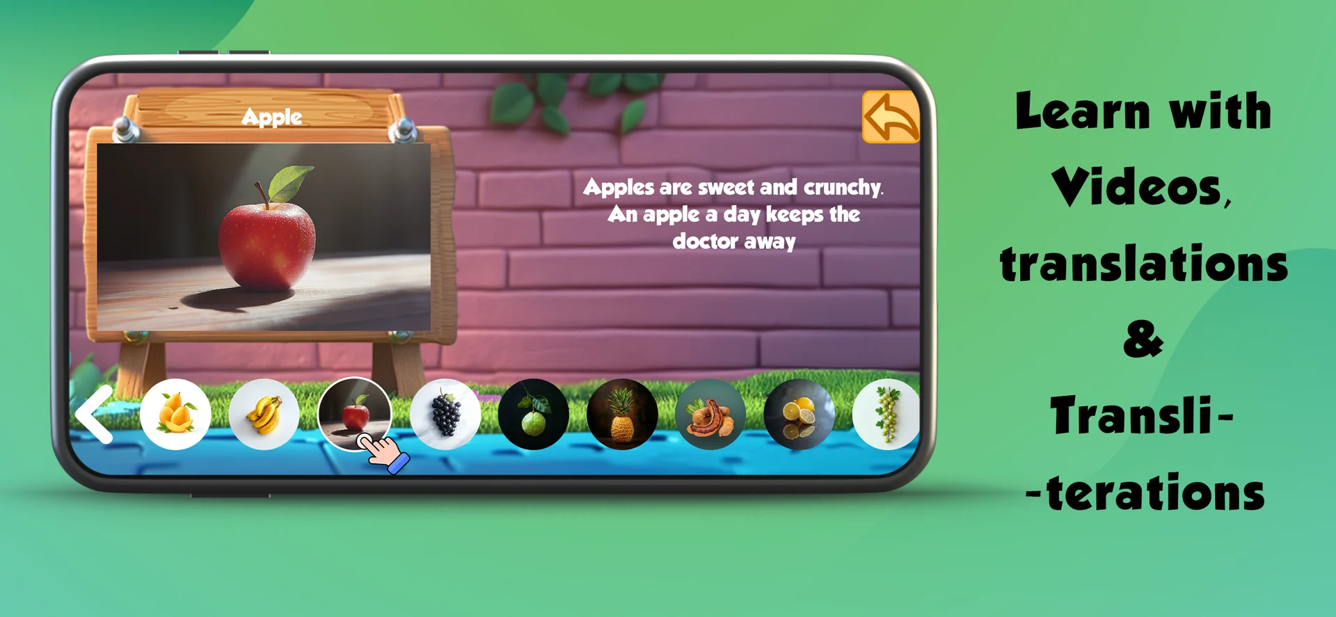 Word lesson for Apple with video, translations and transliterations