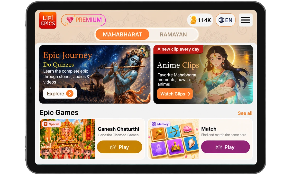Lipi Epics 2.0 home screen on a tablet, showing Epic Journey, Anime Clips and Epic Games