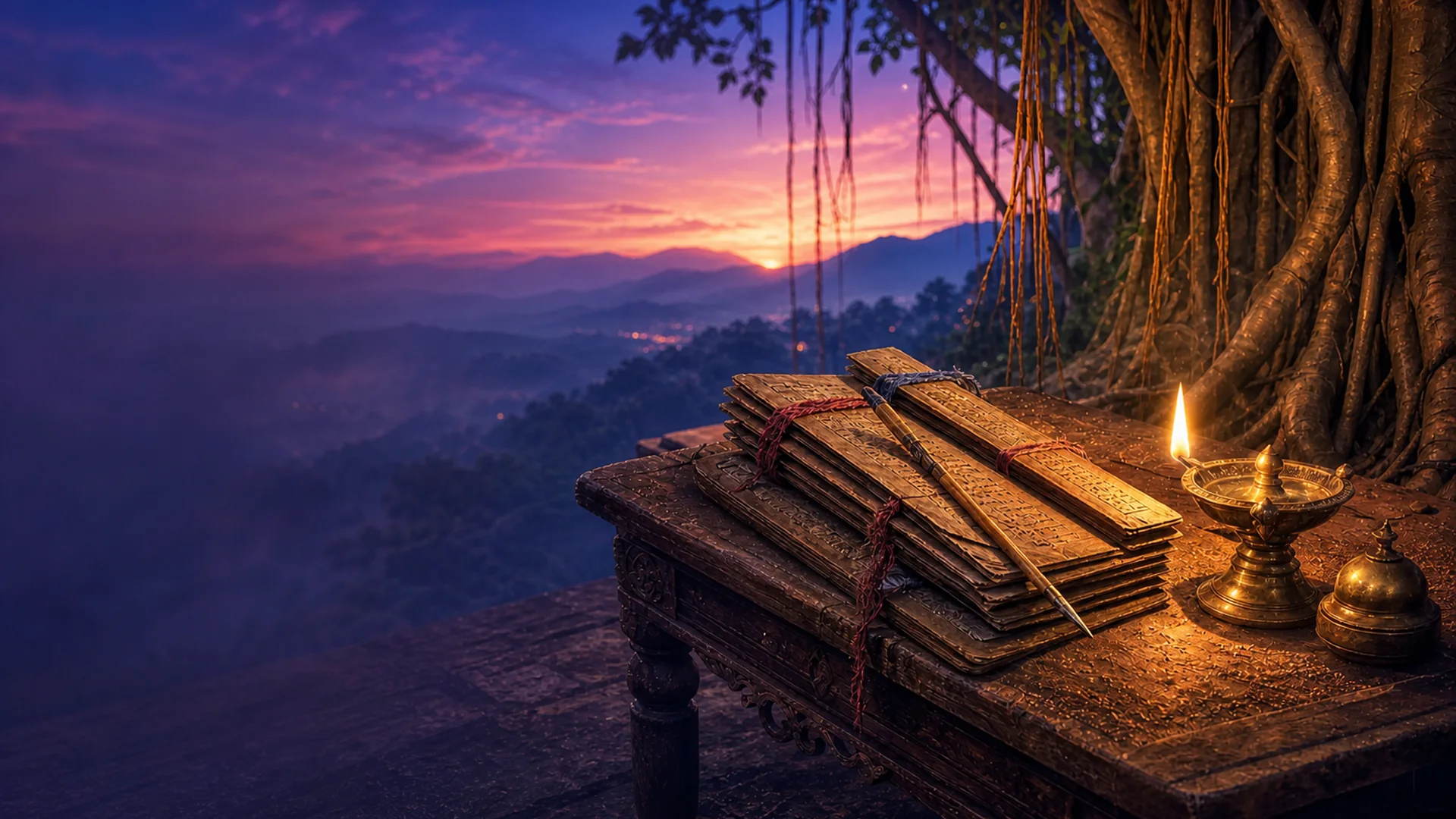 Palm-leaf manuscripts and a brass lamp beneath a banyan tree at dusk